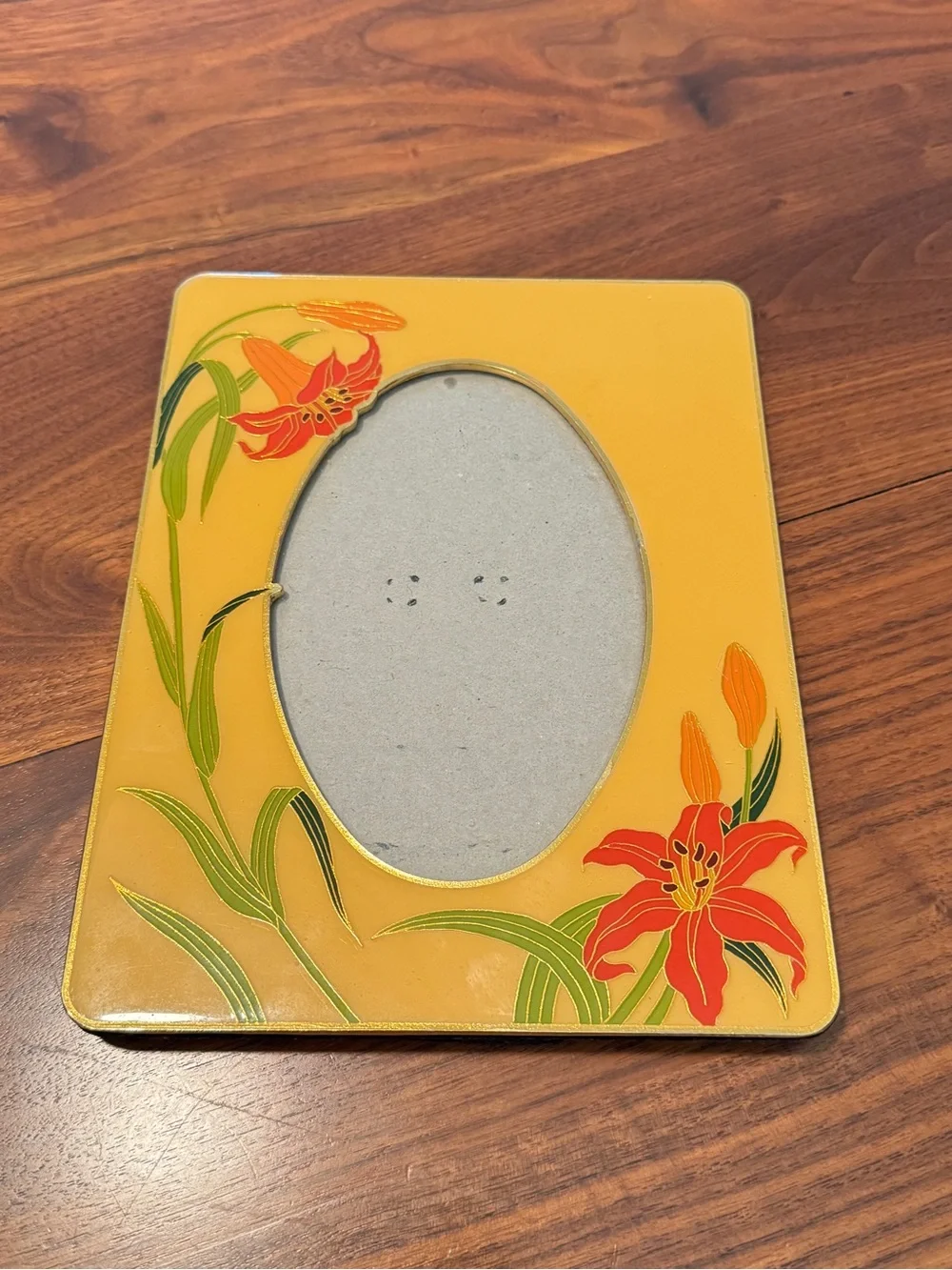 80S Cloisonne Enamel Lily Photo Picture Frame Yellow Orange Floral Flower